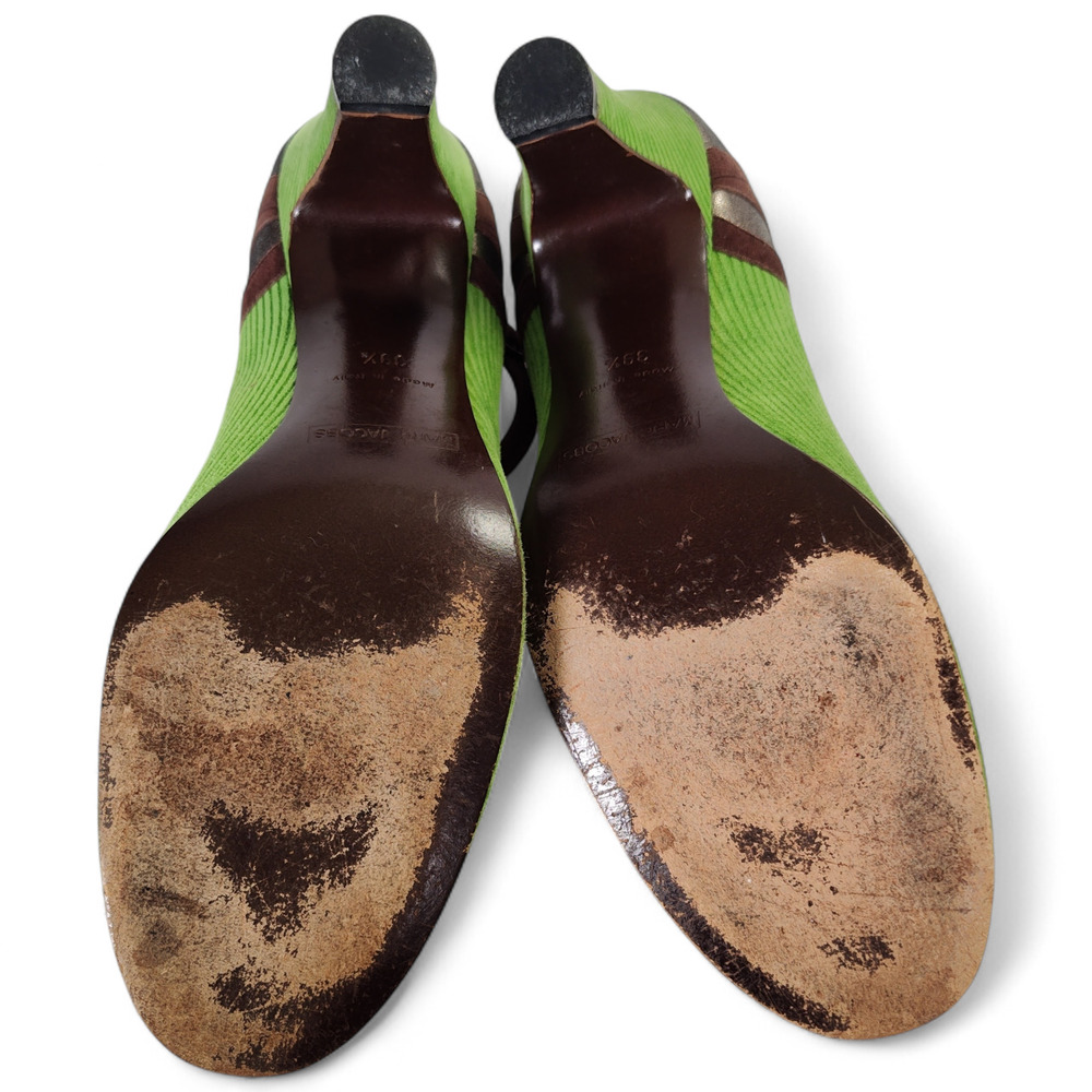 Marc Jacobs Mary Jane Heels 39.5 Green Corduroy Brown Suede Metallic Toe Italy - Picture 2 of 12